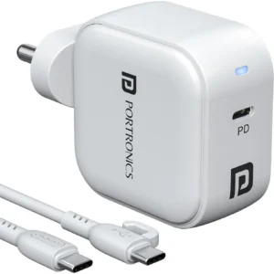 Portronics 45W GaN 3A Wall Charger for Mobile with Detachable Cable (White, Fast Charging Adapter, Cable Included)