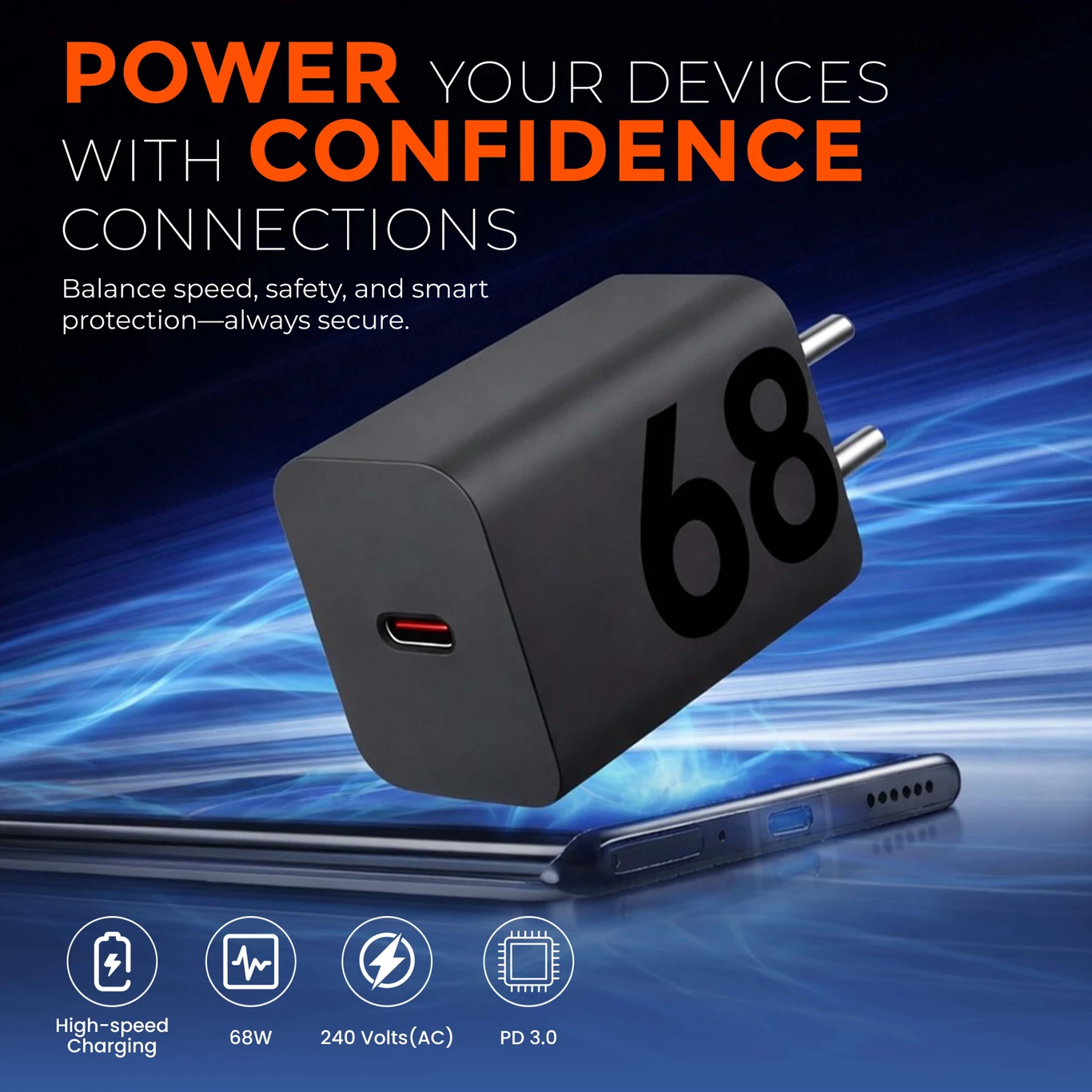 MAK 68W TurboPower 3.0 6A Wall Charger for Mobile with Detachable Cable (Black, Fast Charging Adapter, Cable Included) - Image 3