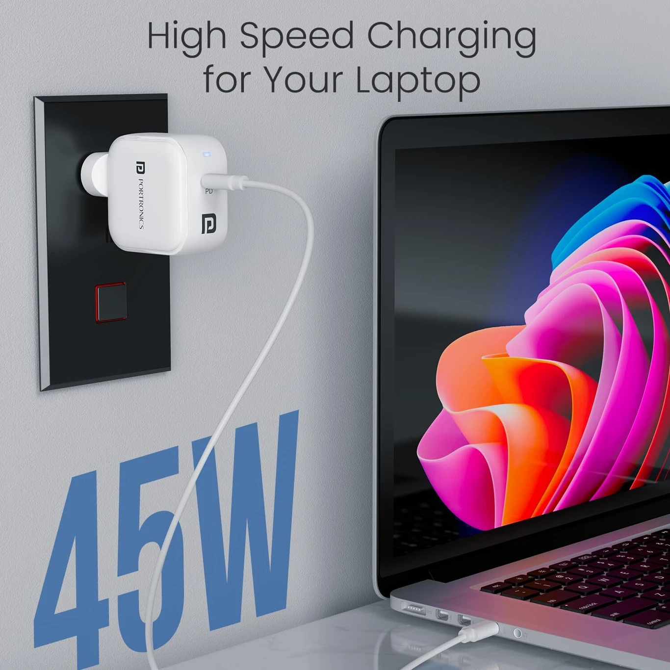 Portronics 45W GaN 3A Wall Charger for Mobile with Detachable Cable (White, Fast Charging Adapter, Cable Included) - Image 3