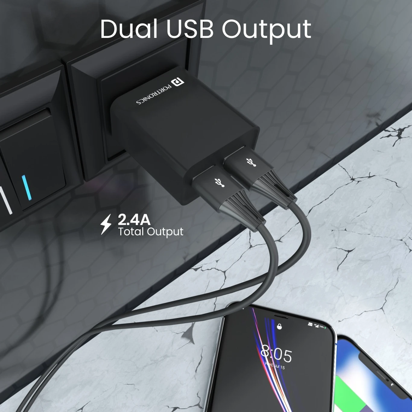 Portronics 12W 2.4A Wall Charger for Mobile with Detachable Cable (Black, Fast Charging Adapter, Cable Included) - Image 3