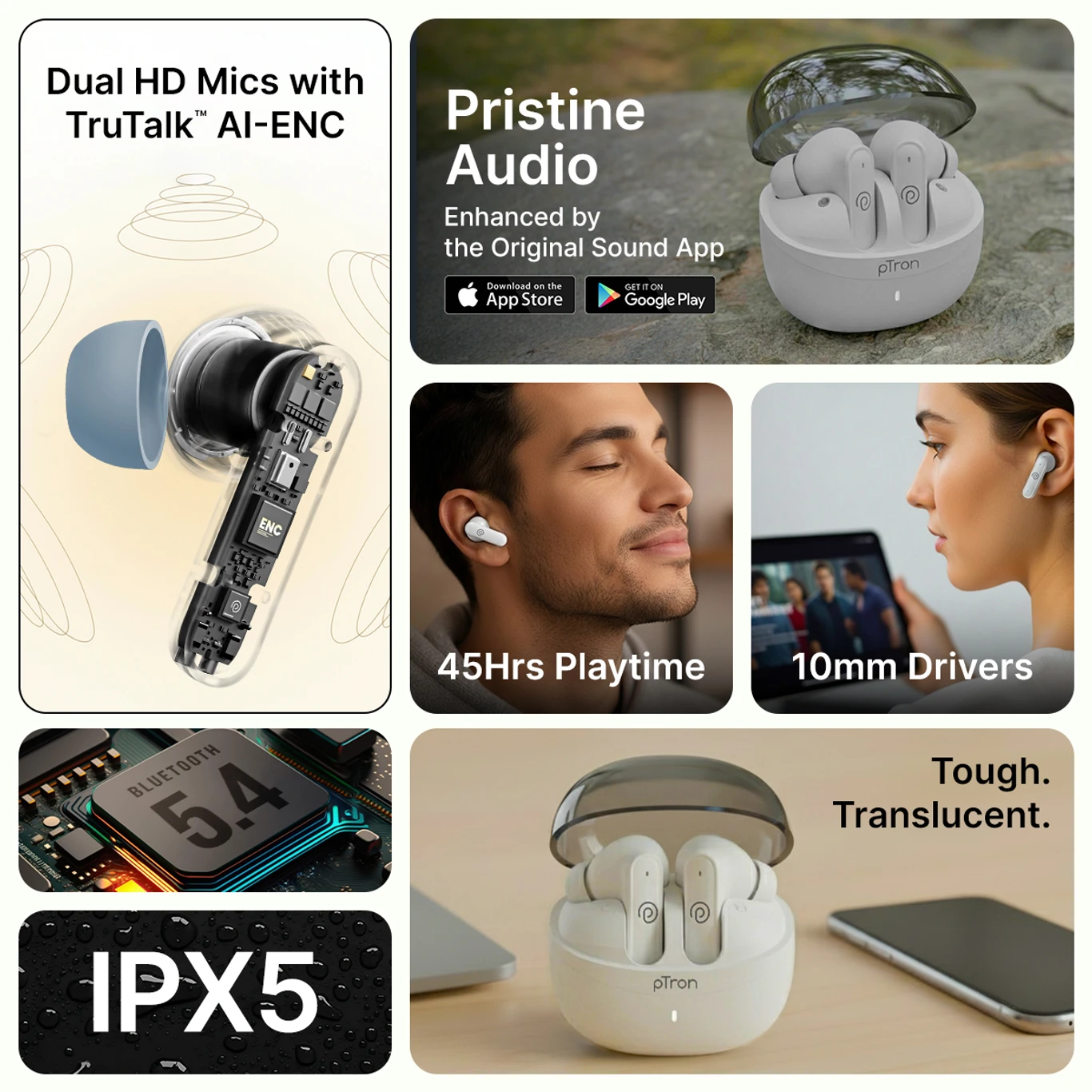 PTron Bassbuds Indie w/ AI-ENC Clear Calls, 45Hrs Playtime, Custom EQ, App Support Bluetooth 5.4 TWS Earbuds (White, True Wireless) - Image 3