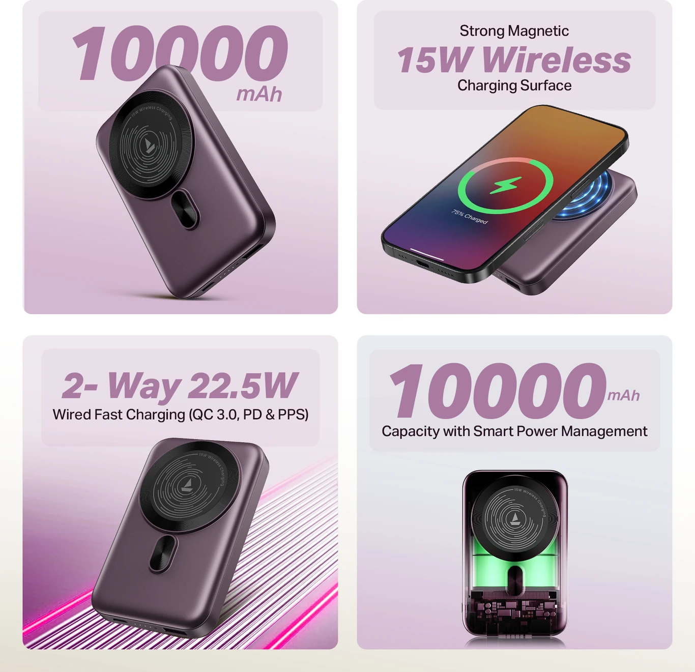 boAt 10000 mAh 22.5 W Wireless With MagSafe Compact Pocket Size Power Bank (Purple, Lithium Polymer, Fast Charging, Quick Charge 3.0, Power Delivery 3.0) - Image 3