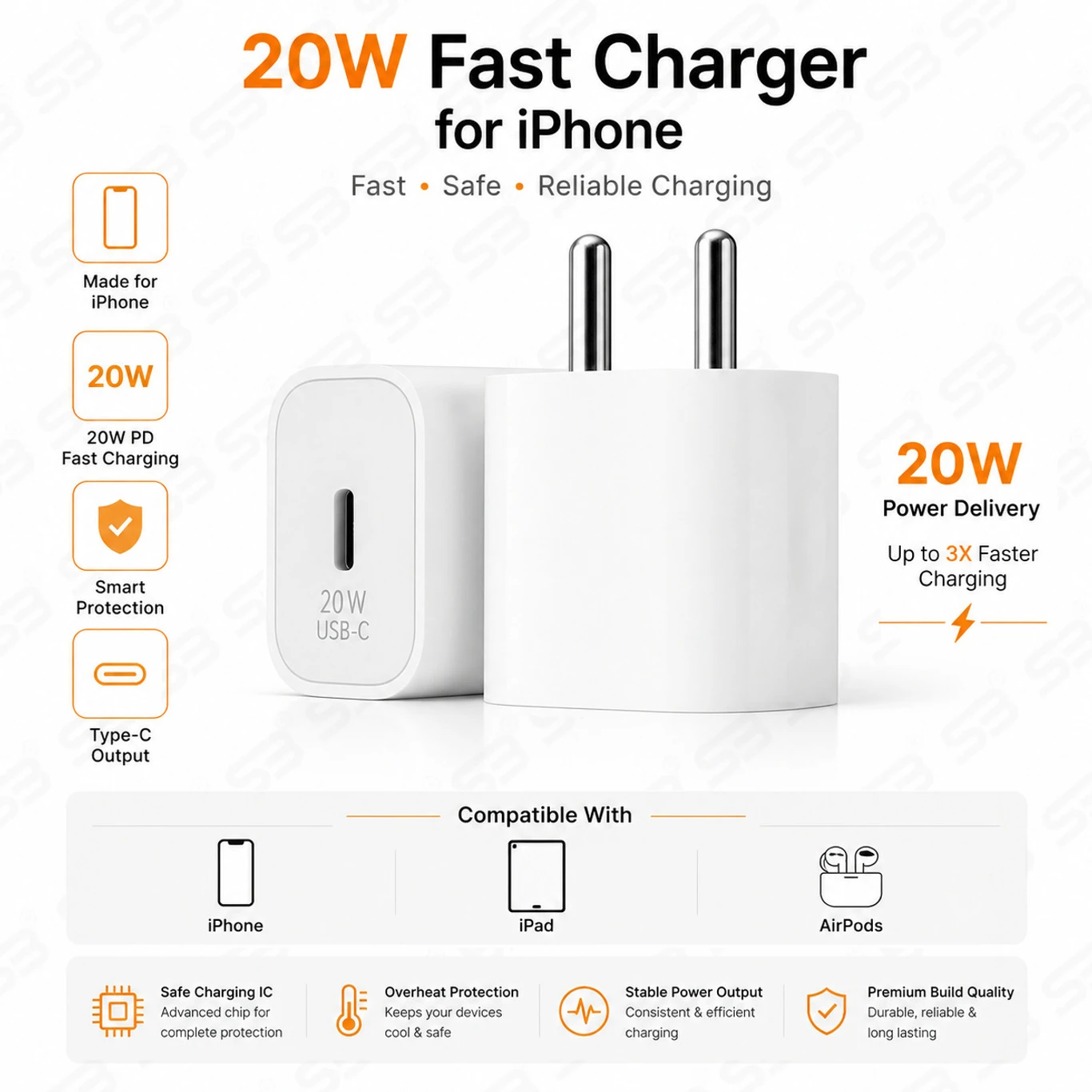 SB 20W Quick Charge 3A Wall Charger for Mobile with Detachable Cable (White, Fast Charging Adapter, Cable Included) - Image 4