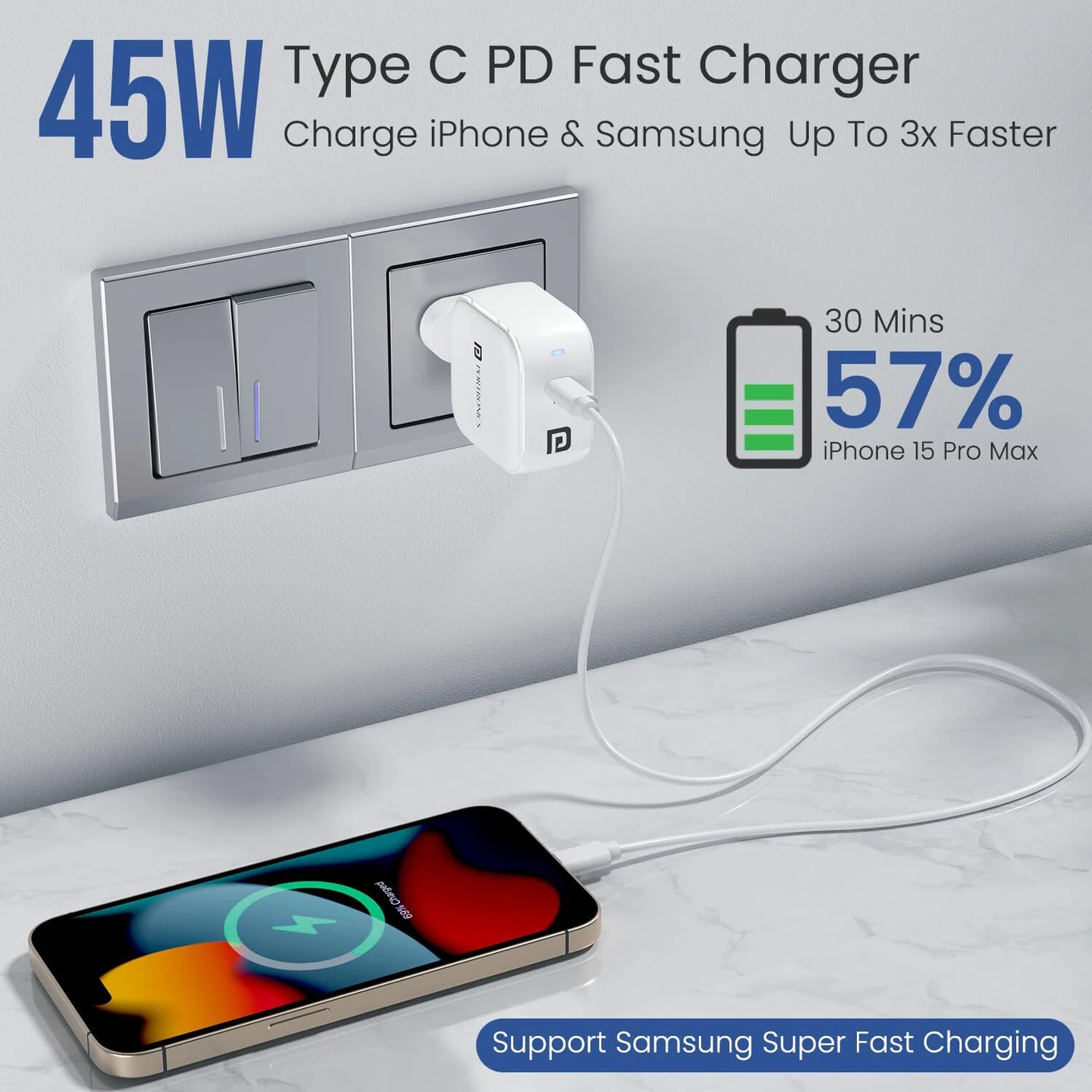 Portronics 45W GaN 3A Wall Charger for Mobile with Detachable Cable (White, Fast Charging Adapter, Cable Included) - Image 4