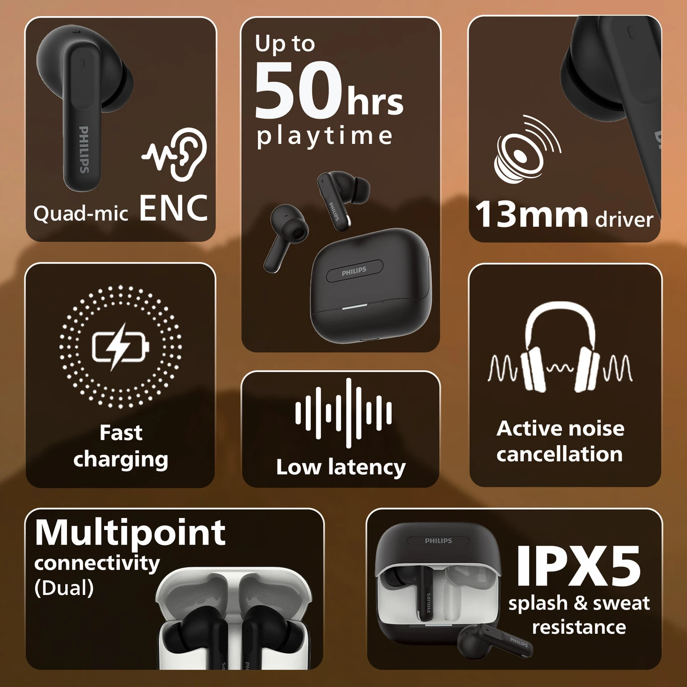 PHILIPS TAT1050BK Earbuds with ANC/ENC, 50H Playtime, 13mm Drivers, IPX5 Proof, BT v5.3 Bluetooth Headset (Deep Black, True Wireless) - Image 4