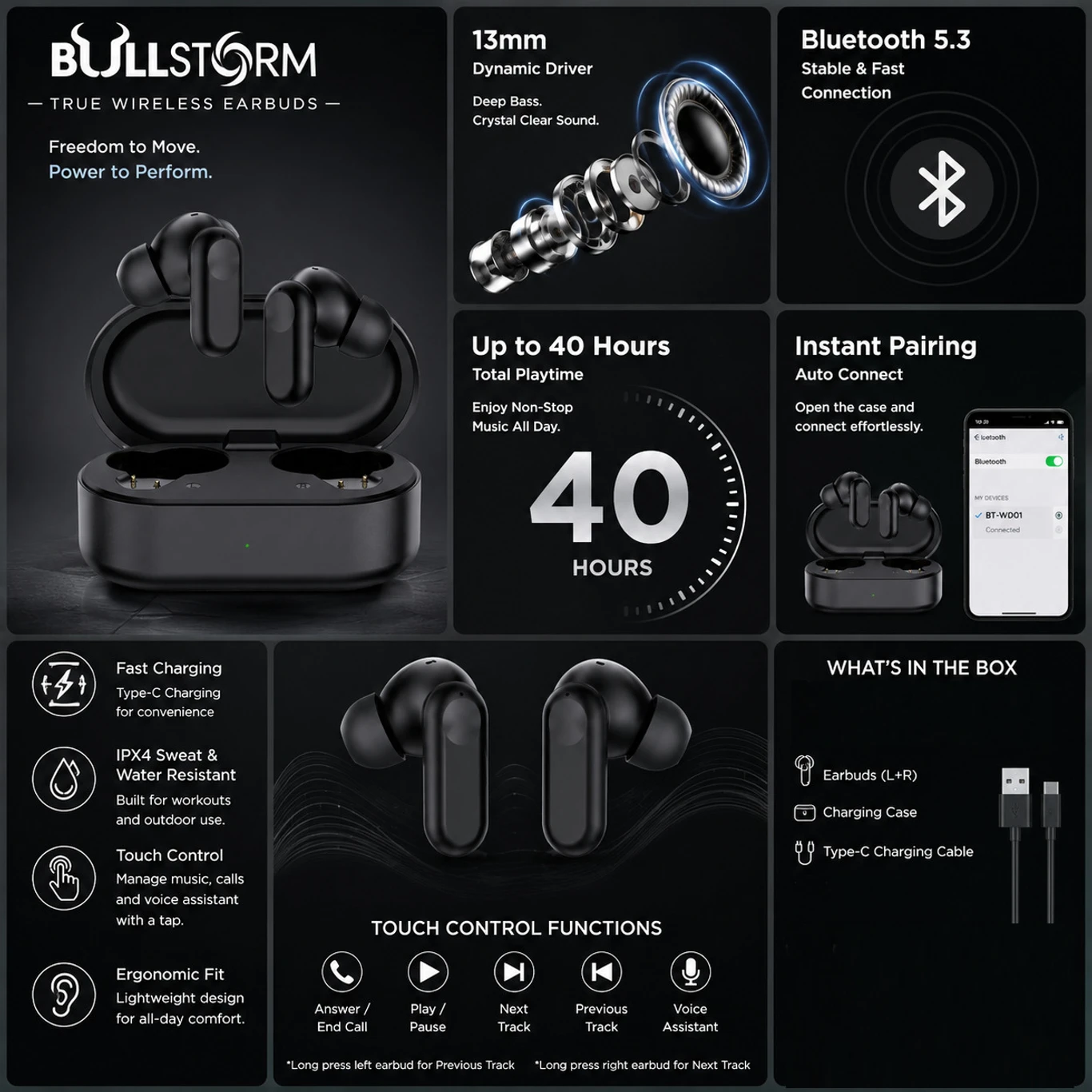 BULLSTORM Audiology 469 Bluetooth 5.3 TWS Earbuds with Touch Control, HD Sound (Black, True Wireless) - Image 5