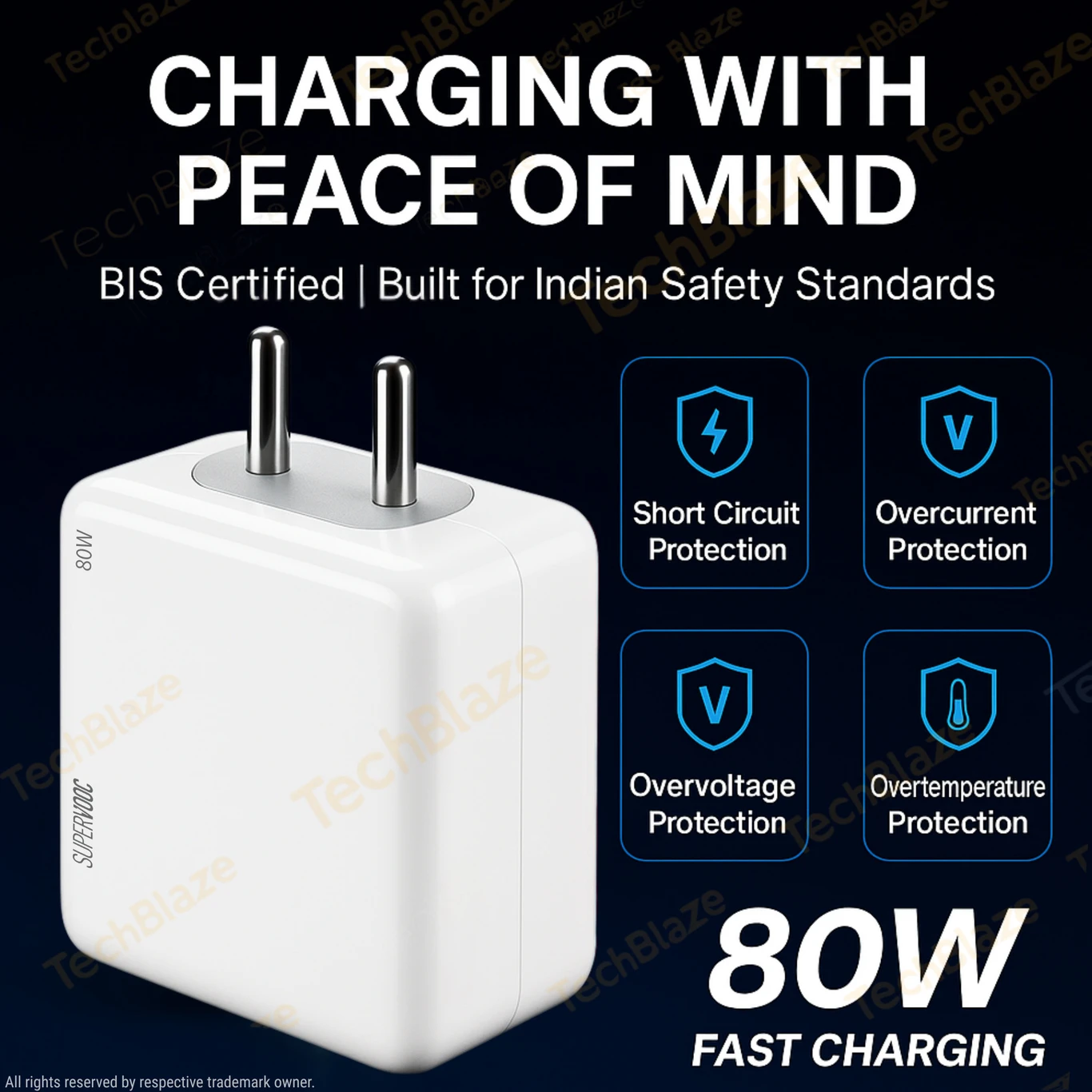 TechBlaze 80W SuperVOOC 7.3A Wall Charger for Mobile with Detachable Cable (White, Fast Charging Adapter, Cable Included) - Image 5