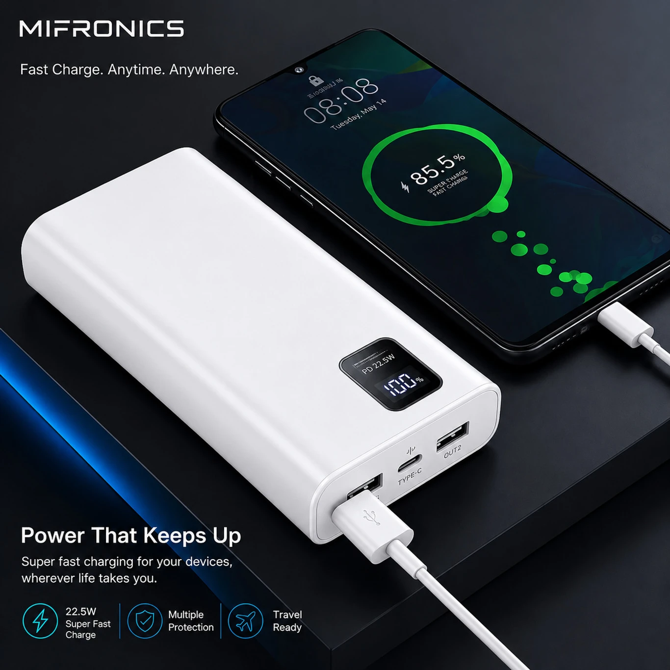 MIFRONICS 20000 mAh 22.5W Pocket Size Power Bank (White, Lithium Polymer, Quick Charge 4.0, Power Delivery 3.0, Fast Charging) - Image 5