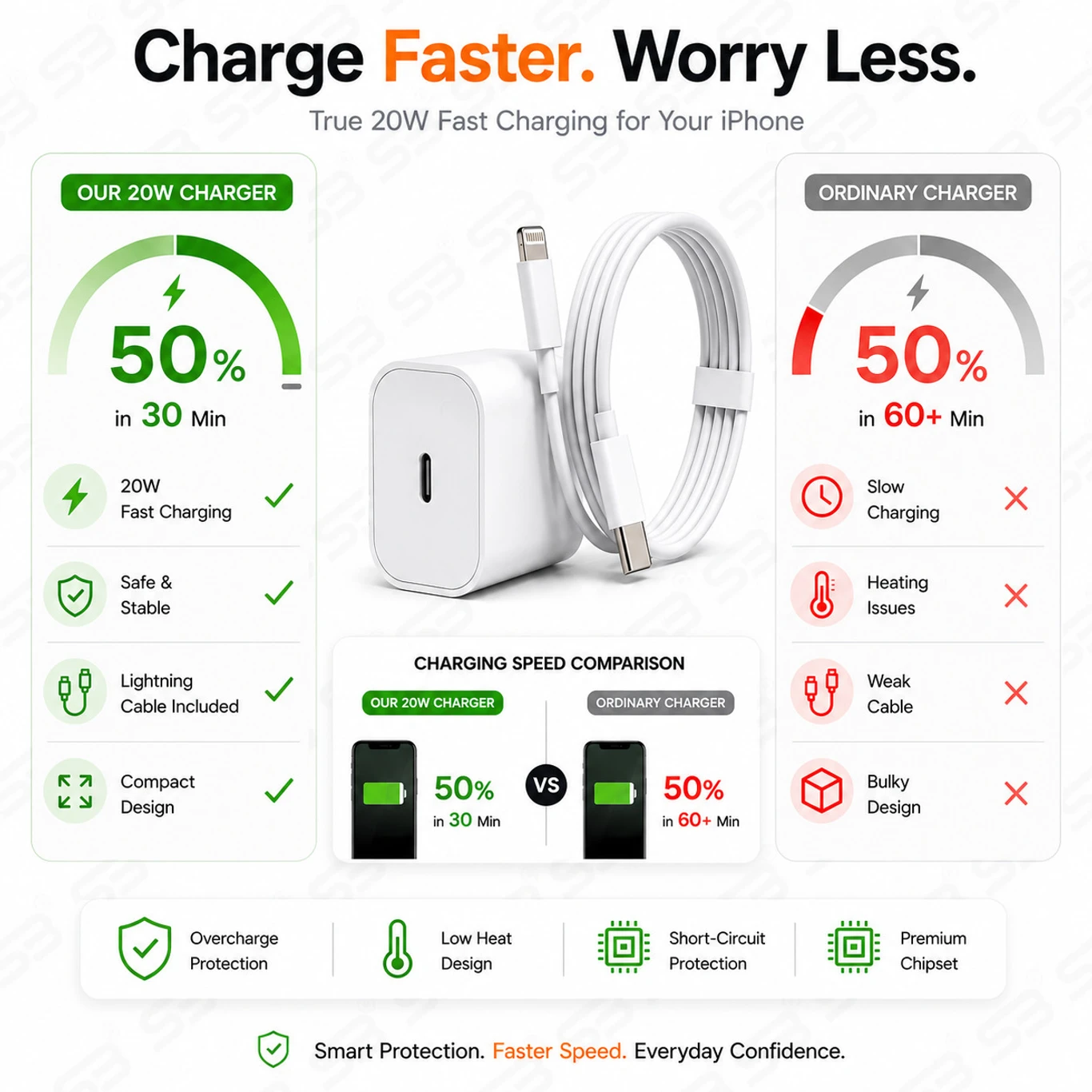 SB 20W Quick Charge 3A Wall Charger for Mobile with Detachable Cable (White, Fast Charging Adapter, Cable Included) - Image 6