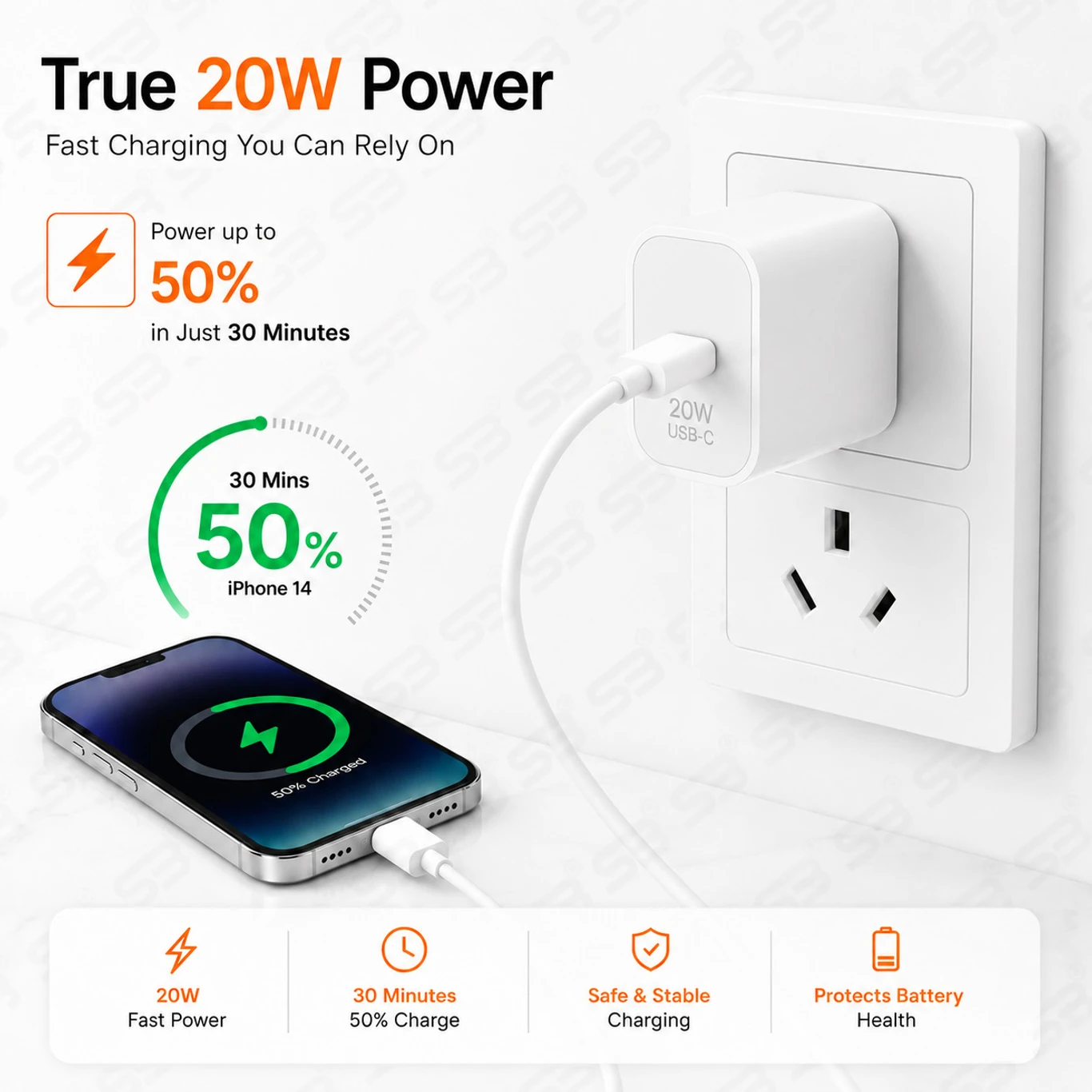 SB 20W Quick Charge 3A Wall Charger for Mobile with Detachable Cable (White, Fast Charging Adapter, Cable Included) - Image 7