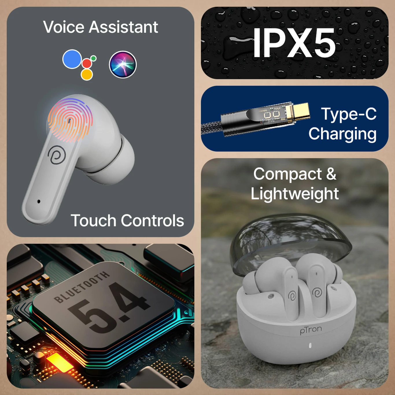 PTron Bassbuds Indie w/ AI-ENC Clear Calls, 45Hrs Playtime, Custom EQ, App Support Bluetooth 5.4 TWS Earbuds (White, True Wireless) - Image 9